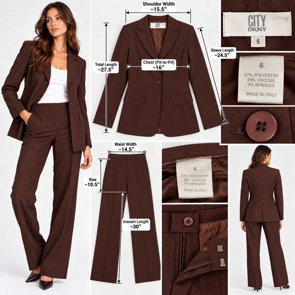 DKNY City 2-Piece Blazer & Pants Suit Set Womens 8 Brown Formal Office Career